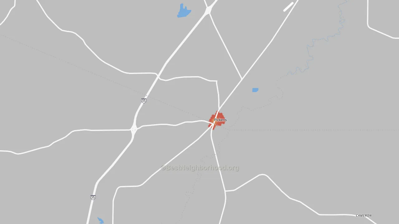 Walk Grade map of 39146, MS, walkable areas in green and car-dependent areas in red