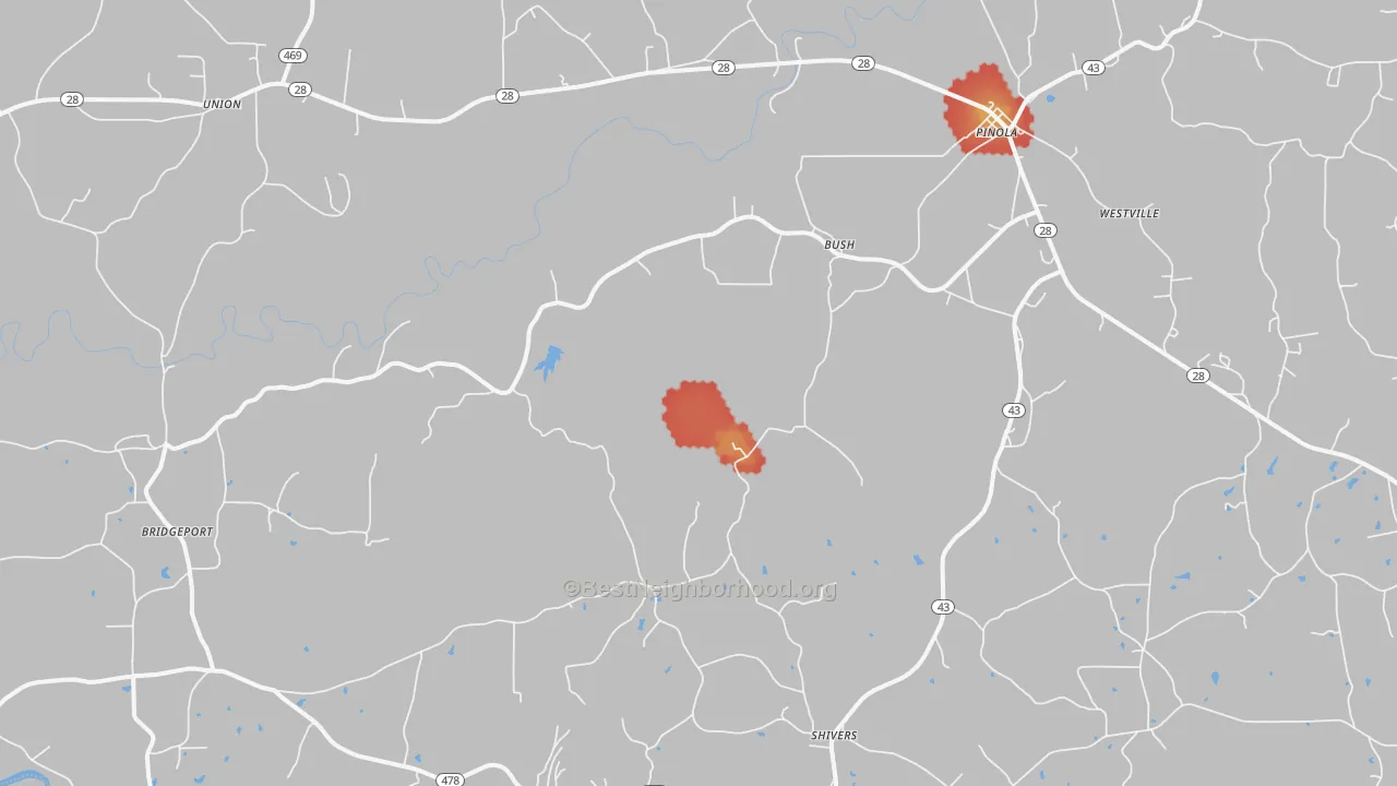 Walk Grade map of 39149, MS, walkable areas in green and car-dependent areas in red