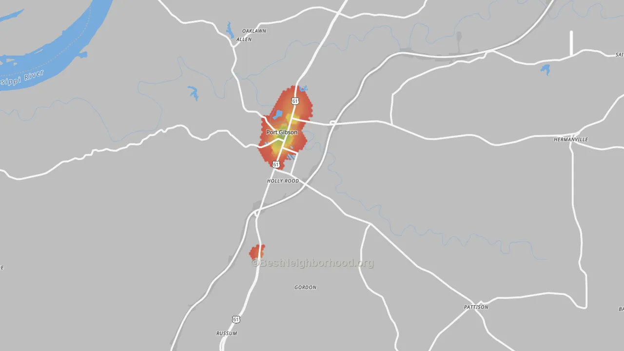 Walk Grade map of 39150, MS, walkable areas in green and car-dependent areas in red