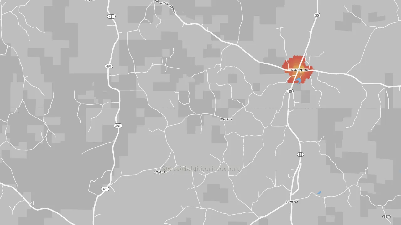 Walk Grade map of 39152, MS, walkable areas in green and car-dependent areas in red