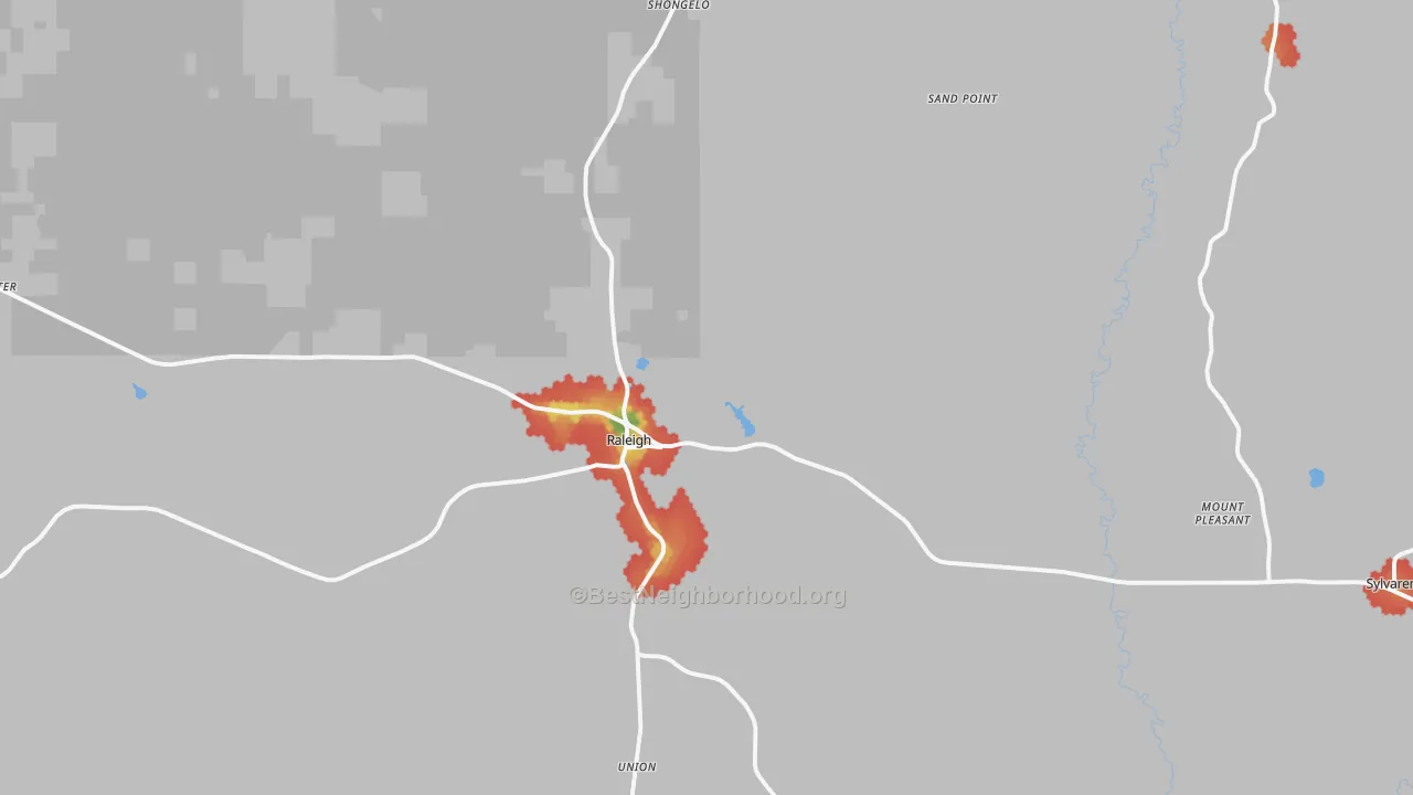 Walk Grade map of 39153, MS, walkable areas in green and car-dependent areas in red