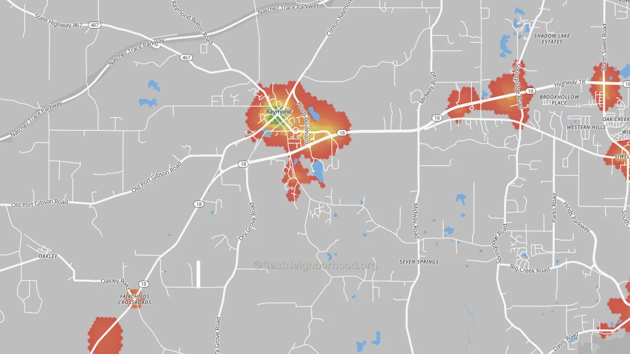Walk Grade map of 39154, MS, walkable areas in green and car-dependent areas in red