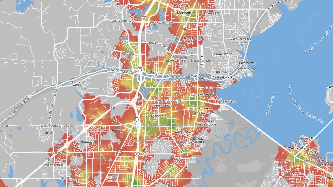 Walk Grade map of 39157, MS, walkable areas in green and car-dependent areas in red