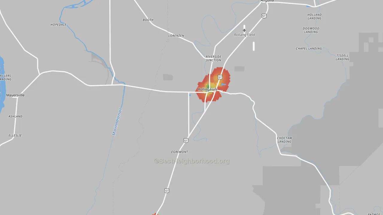 Walk Grade map of 39159, MS, walkable areas in green and car-dependent areas in red