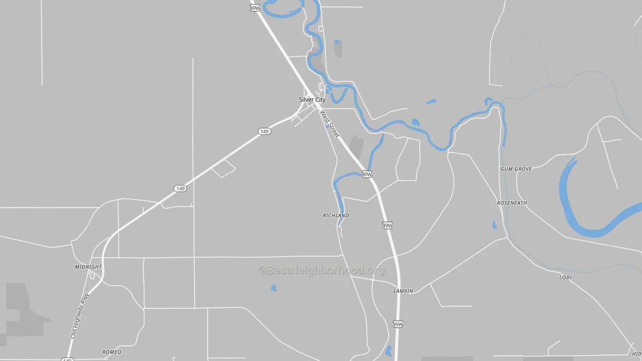 Walk Grade map of 39166, MS, walkable areas in green and car-dependent areas in red
