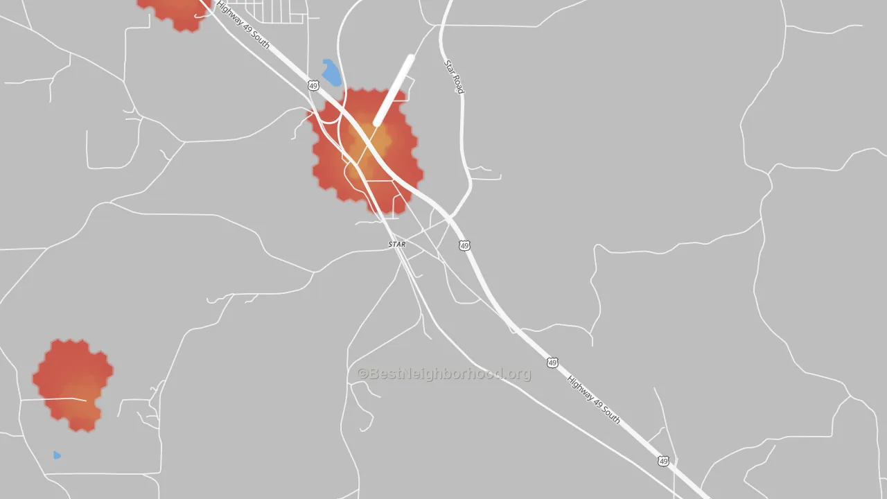 Walk Grade map of 39167, MS, walkable areas in green and car-dependent areas in red