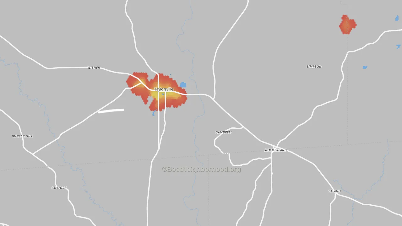 Walk Grade map of 39168, MS, walkable areas in green and car-dependent areas in red