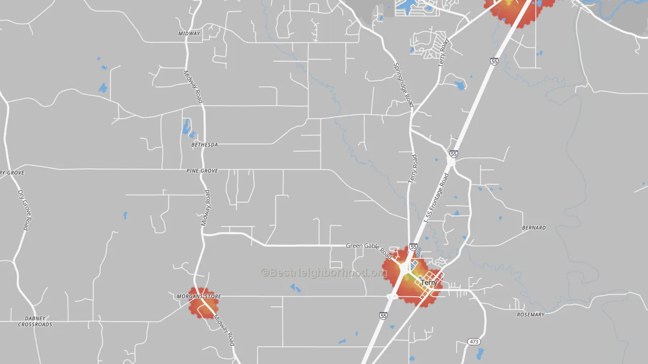 Walk Grade map of 39170, MS, walkable areas in green and car-dependent areas in red