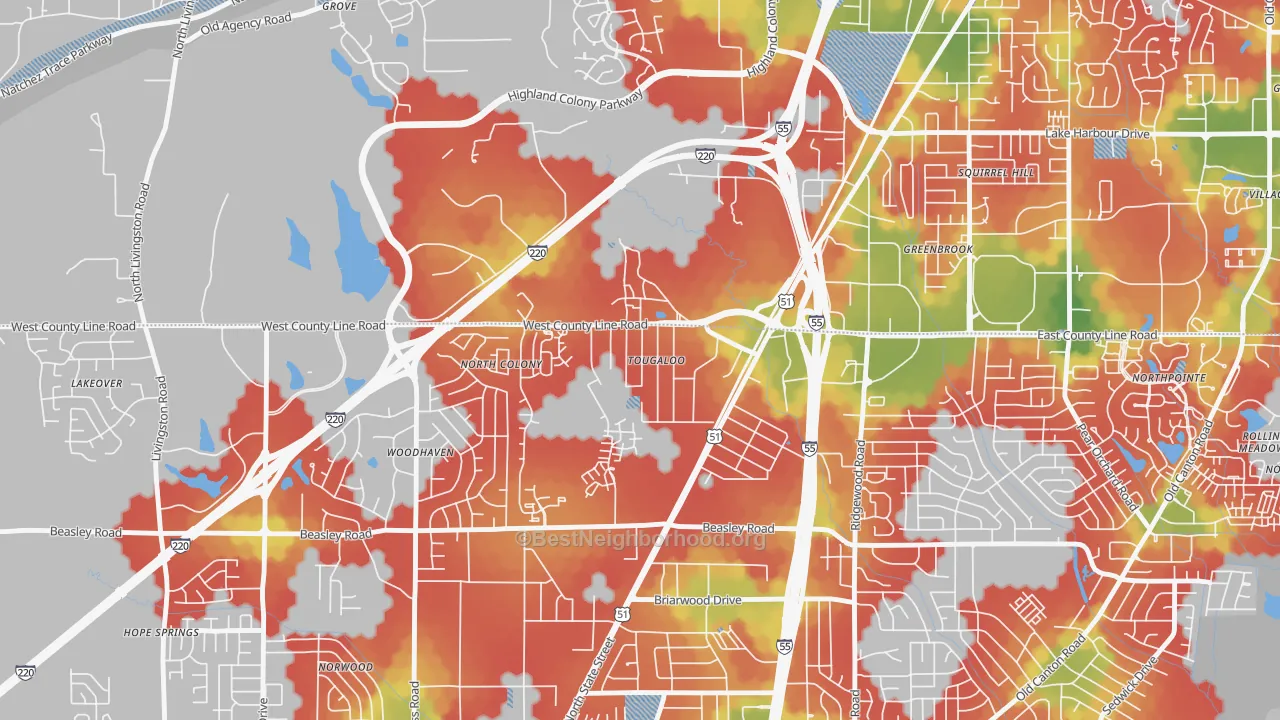 Walk Grade map of 39174, MS, walkable areas in green and car-dependent areas in red