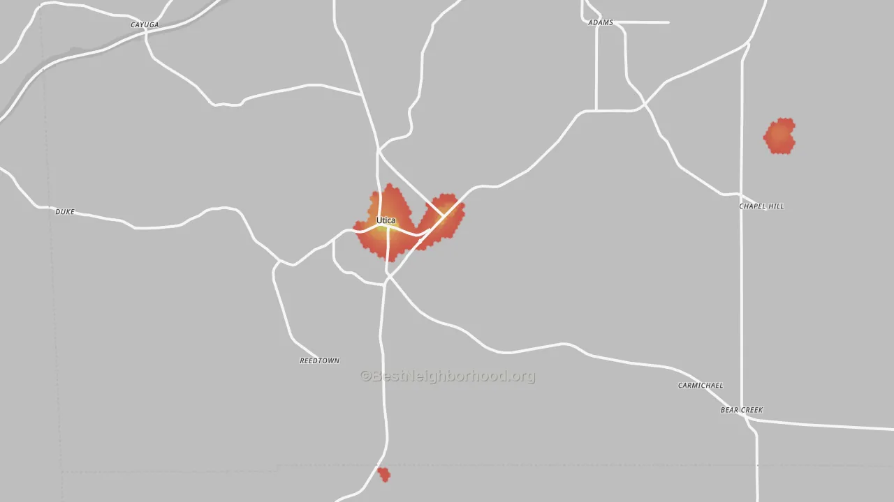 Walk Grade map of 39175, MS, walkable areas in green and car-dependent areas in red