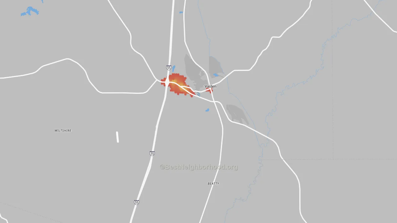 Walk Grade map of 39176, MS, walkable areas in green and car-dependent areas in red