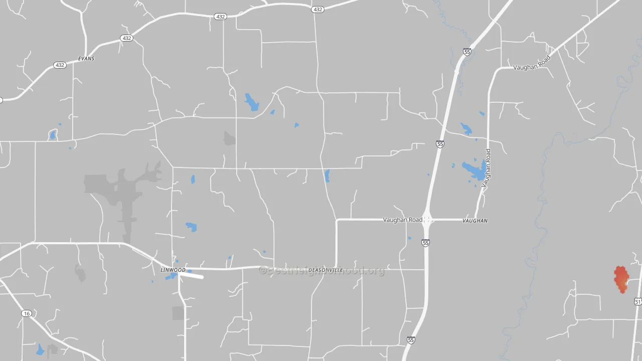 Walk Grade map of 39179, MS, walkable areas in green and car-dependent areas in red