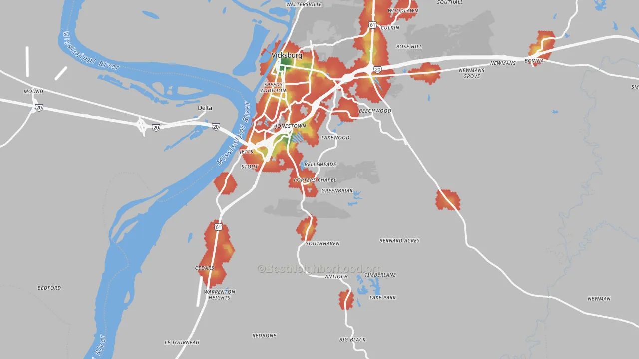 Walk Grade map of 39180, MS, walkable areas in green and car-dependent areas in red