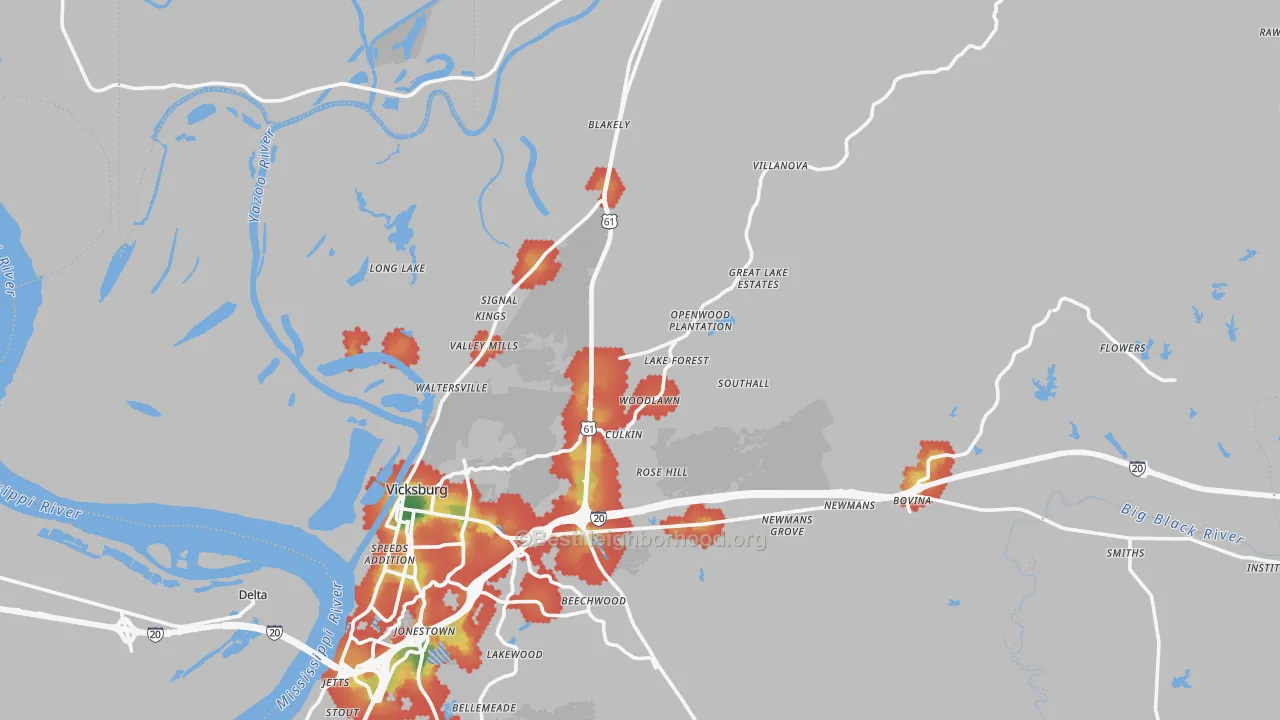 Walk Grade map of 39183, MS, walkable areas in green and car-dependent areas in red