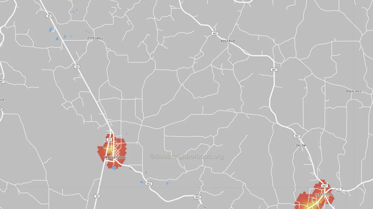 Walk Grade map of 39189, MS, walkable areas in green and car-dependent areas in red