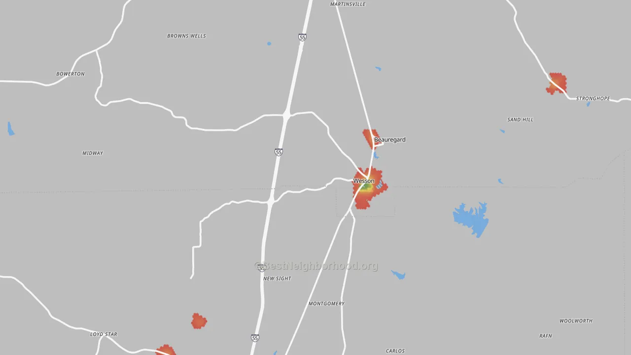Walk Grade map of 39191, MS, walkable areas in green and car-dependent areas in red