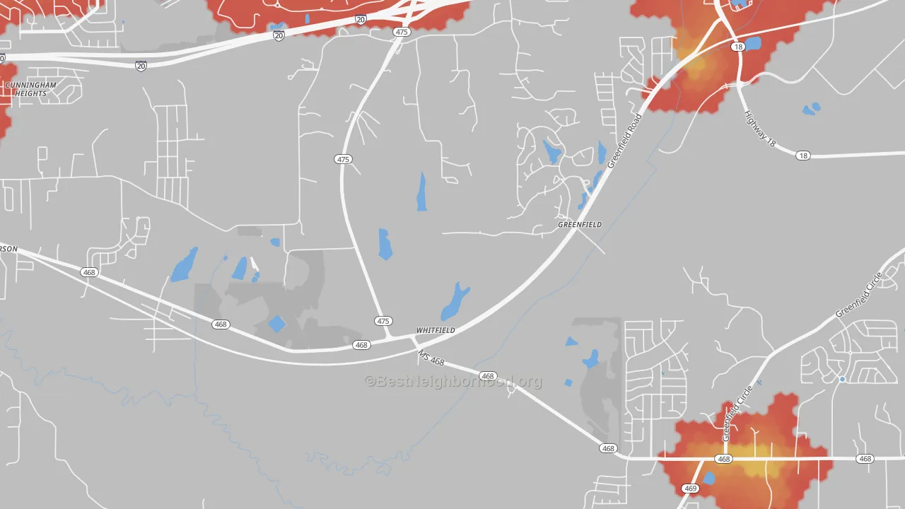 Walk Grade map of 39193, MS, walkable areas in green and car-dependent areas in red