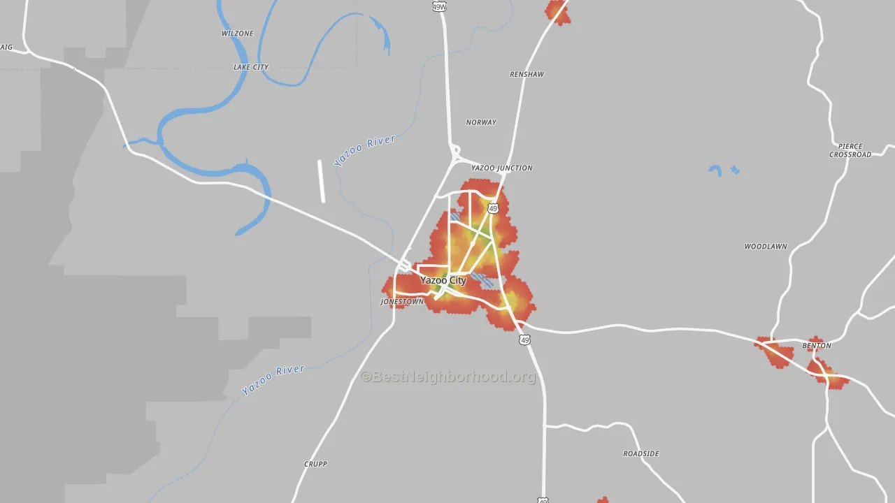 Walk Grade map of 39194, MS, walkable areas in green and car-dependent areas in red