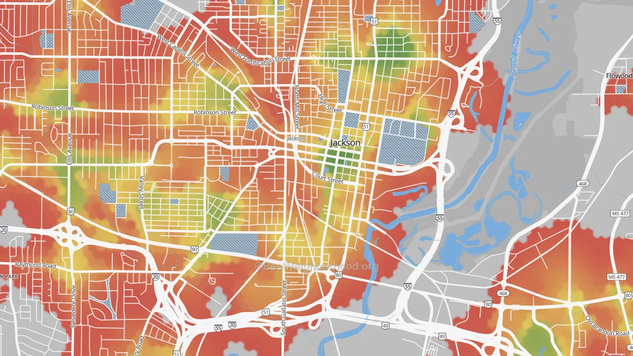 Walk Grade map of 39201, MS, walkable areas in green and car-dependent areas in red