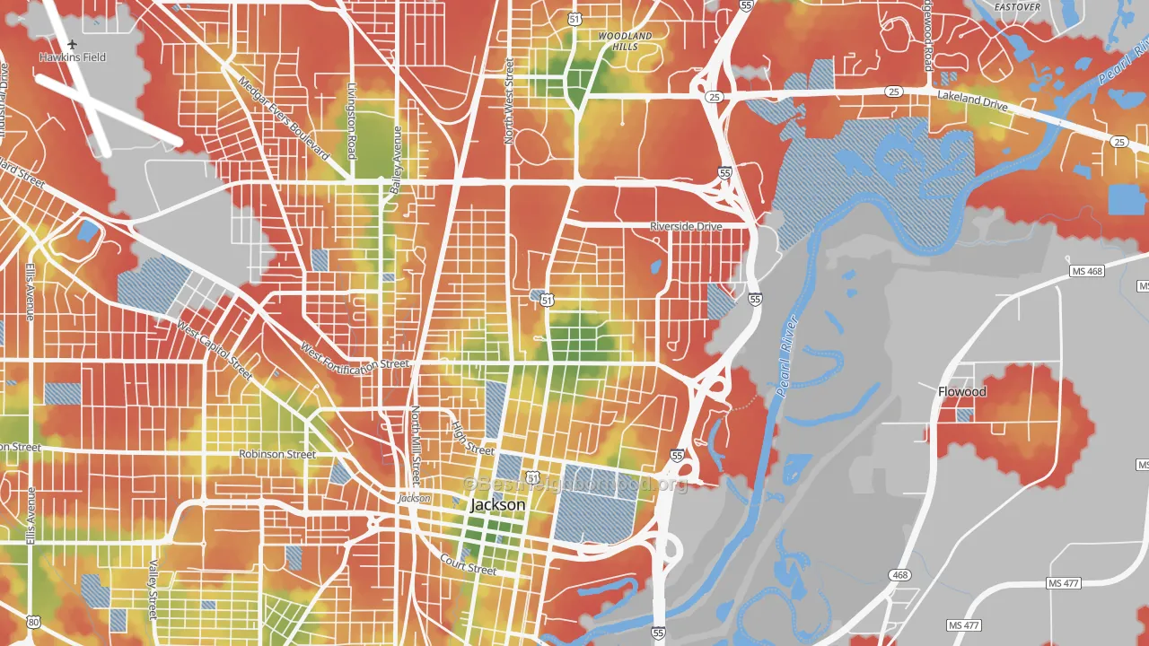 Walk Grade map of 39202, MS, walkable areas in green and car-dependent areas in red
