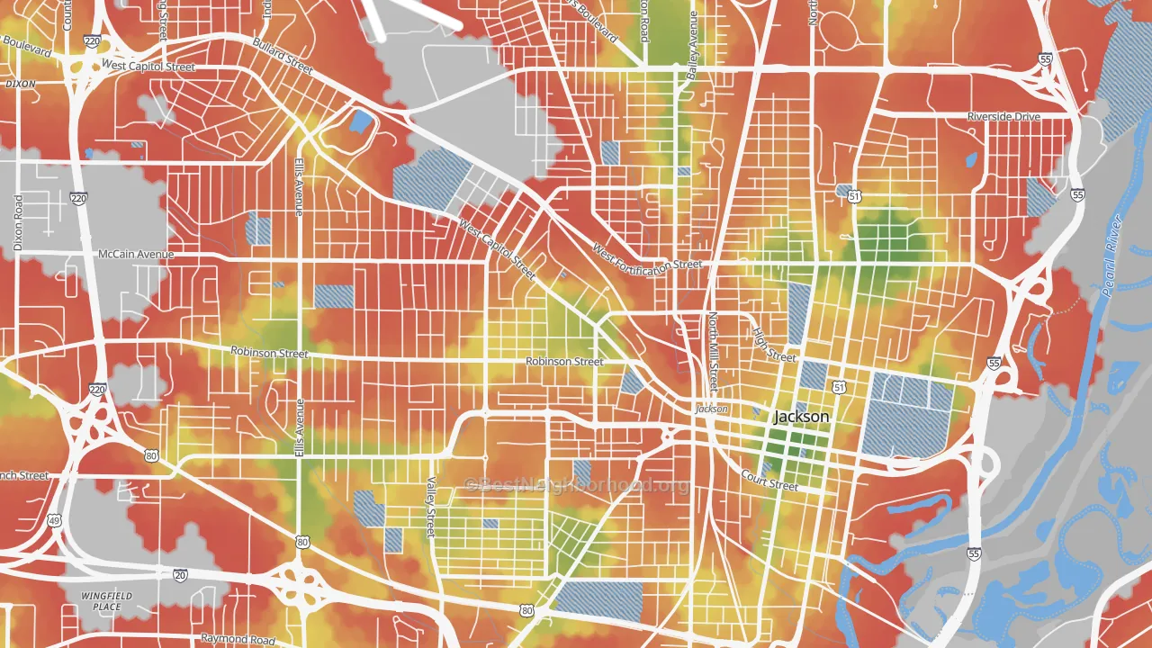 Walk Grade map of 39203, MS, walkable areas in green and car-dependent areas in red