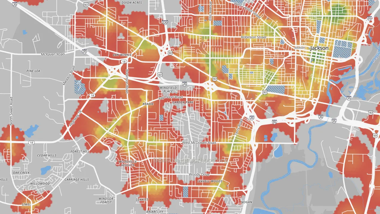Walk Grade map of 39204, MS, walkable areas in green and car-dependent areas in red