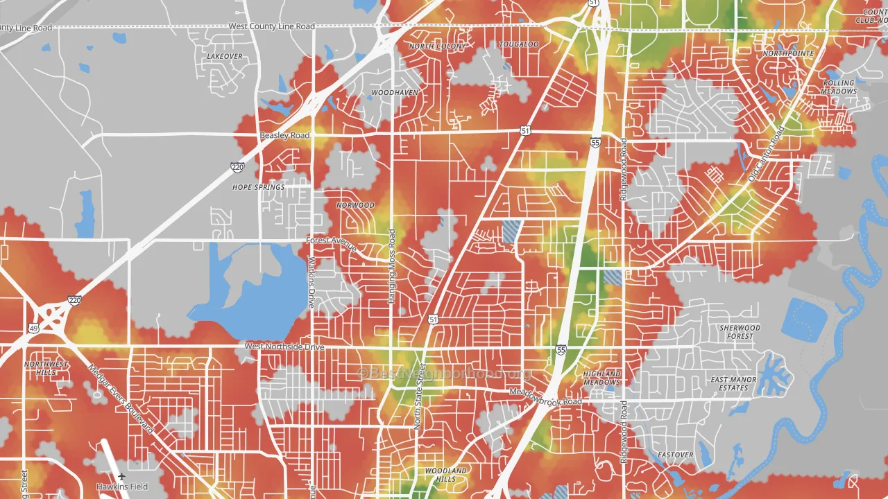 Walk Grade map of 39206, MS, walkable areas in green and car-dependent areas in red