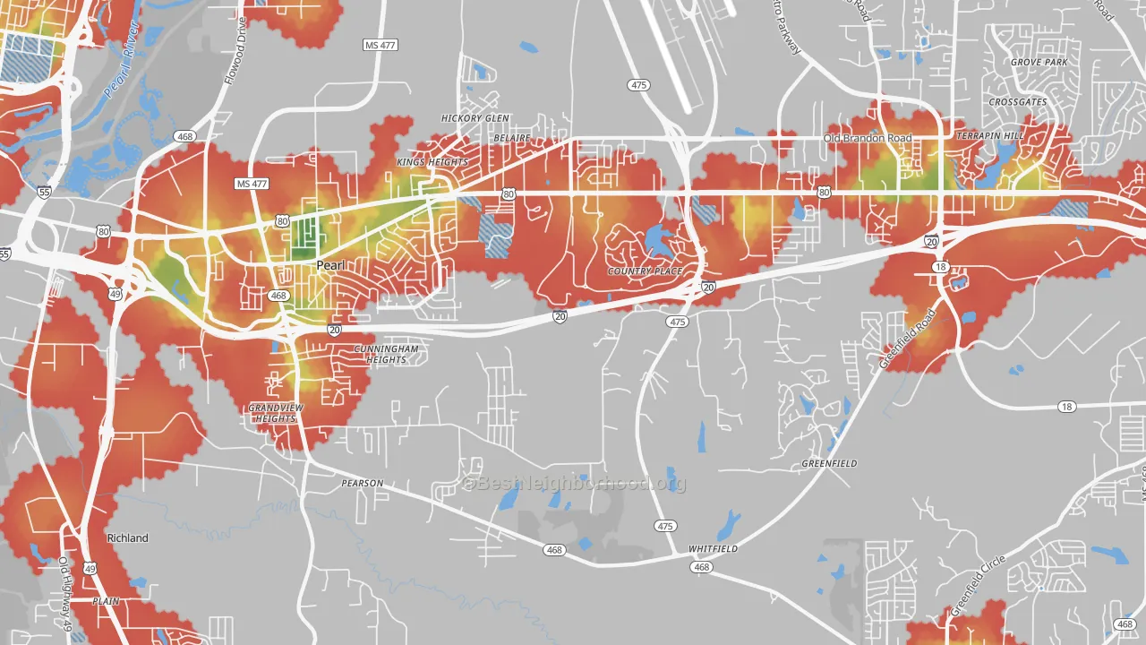 Walk Grade map of 39208, MS, walkable areas in green and car-dependent areas in red
