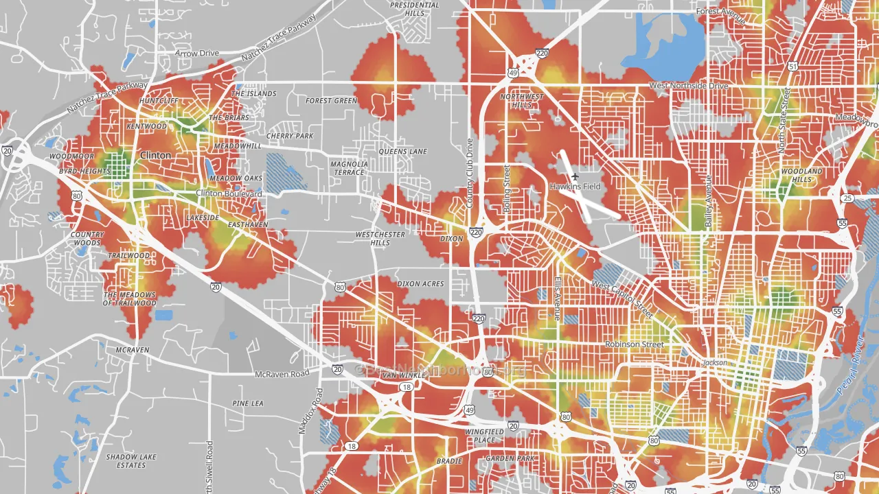Walk Grade map of 39209, MS, walkable areas in green and car-dependent areas in red