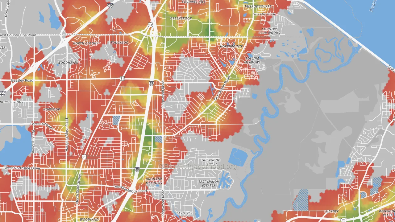 Walk Grade map of 39211, MS, walkable areas in green and car-dependent areas in red