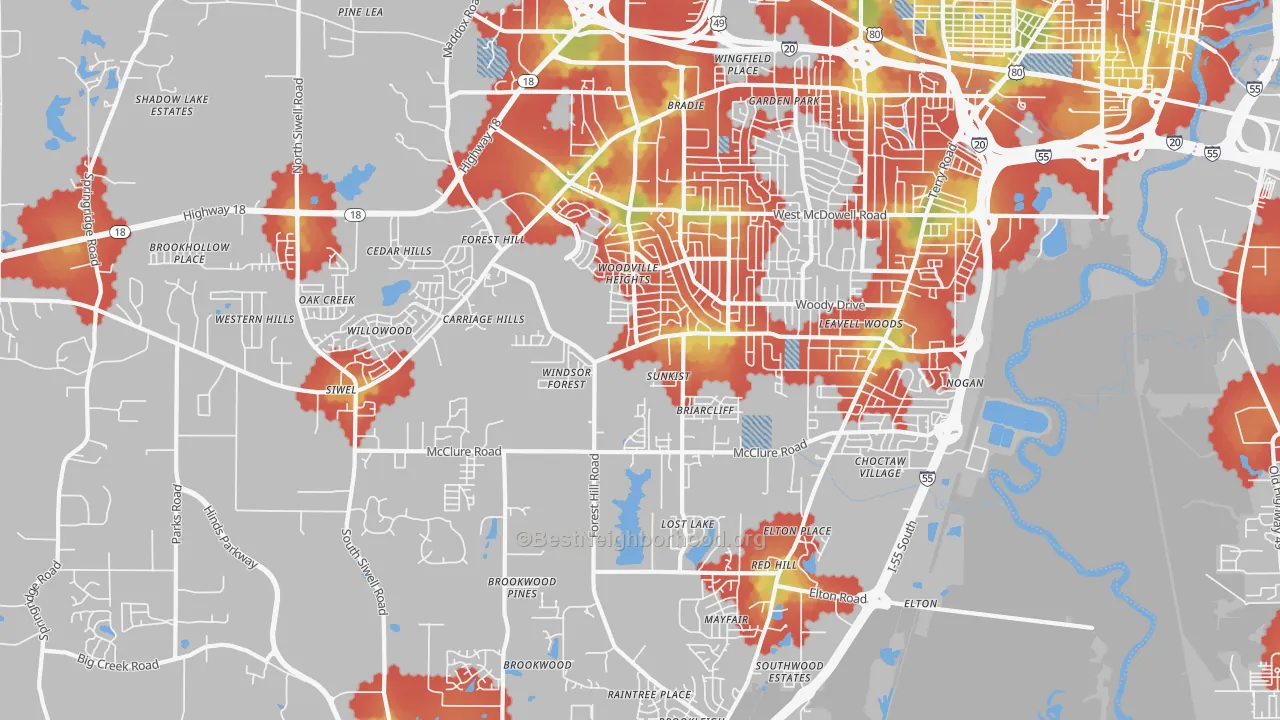 Walk Grade map of 39212, MS, walkable areas in green and car-dependent areas in red