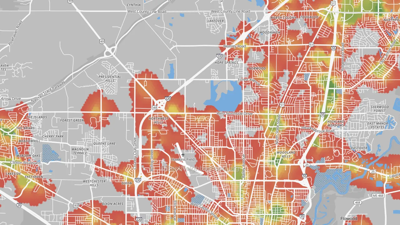 Walk Grade map of 39213, MS, walkable areas in green and car-dependent areas in red