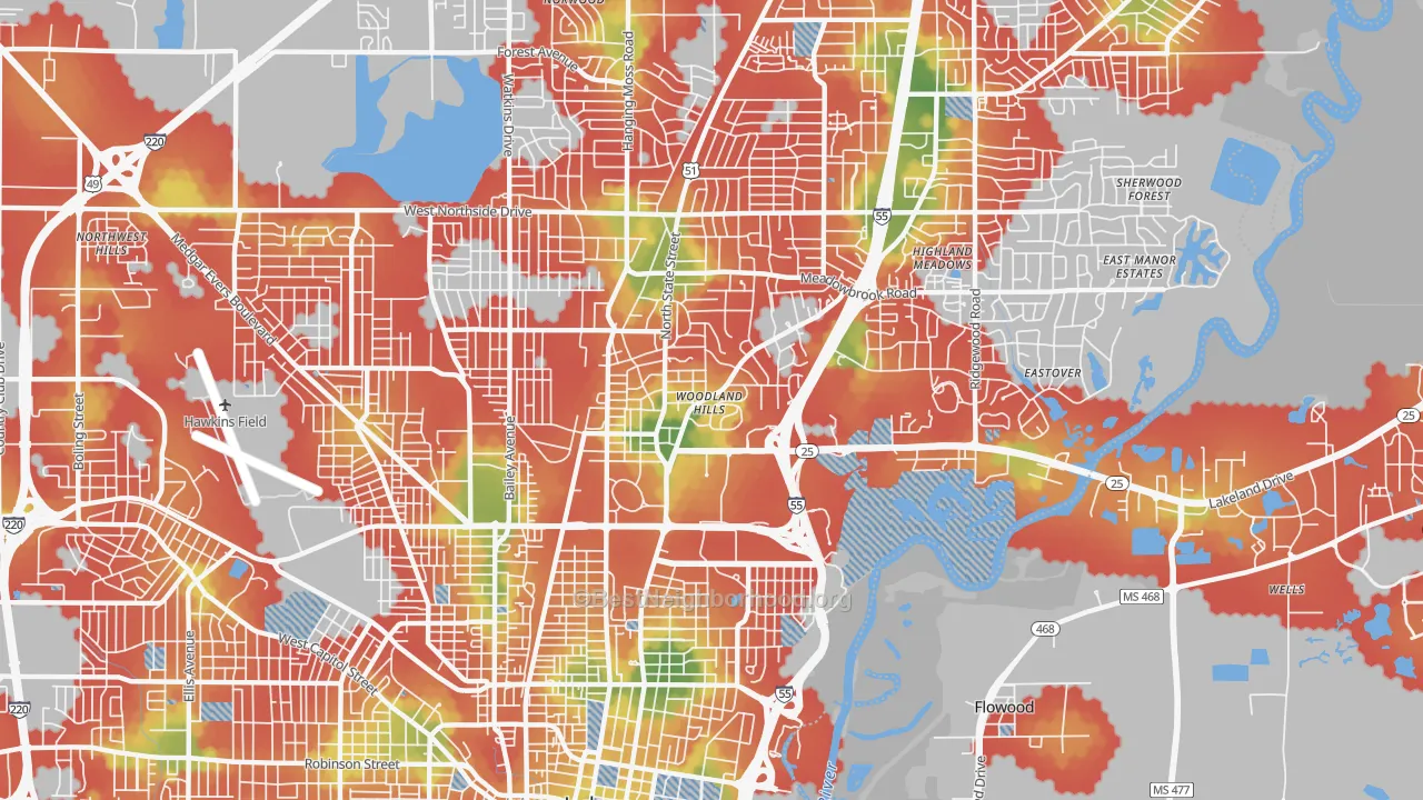 Walk Grade map of 39216, MS, walkable areas in green and car-dependent areas in red
