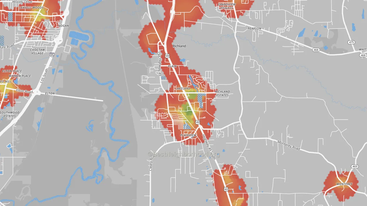 Walk Grade map of 39218, MS, walkable areas in green and car-dependent areas in red