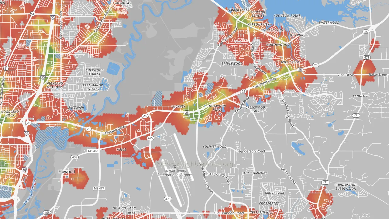 Walk Grade map of 39232, MS, walkable areas in green and car-dependent areas in red