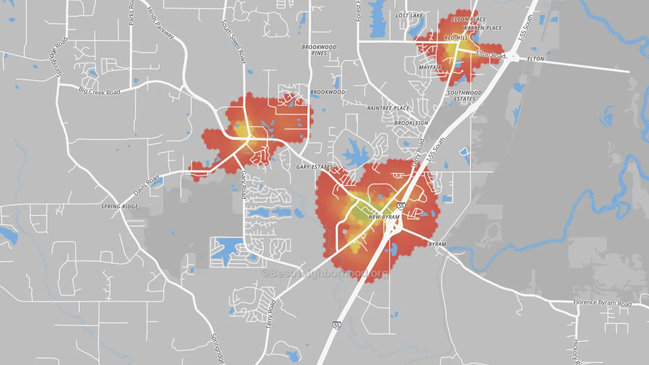 Walk Grade map of 39272, MS, walkable areas in green and car-dependent areas in red