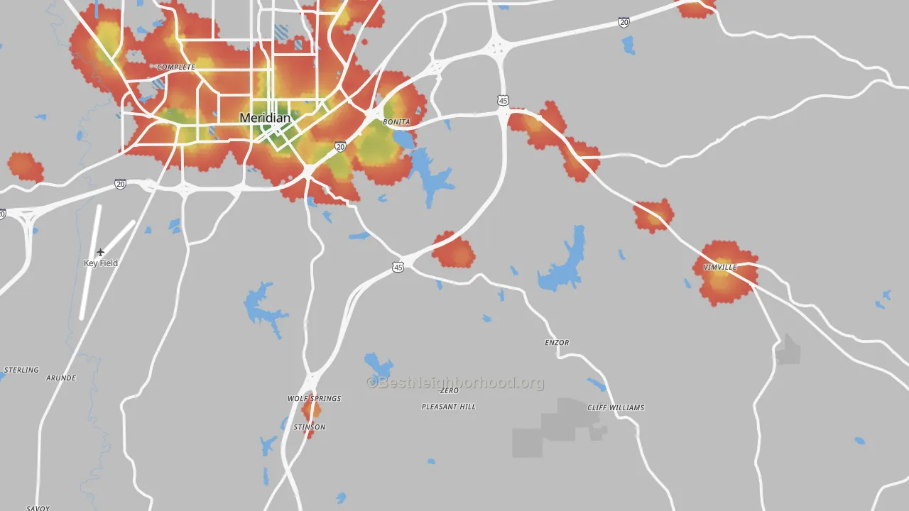 Walk Grade map of 39301, MS, walkable areas in green and car-dependent areas in red