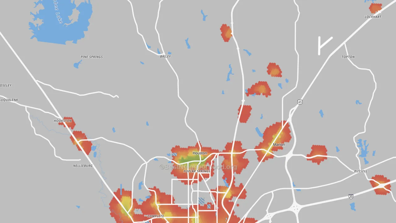 Walk Grade map of 39305, MS, walkable areas in green and car-dependent areas in red