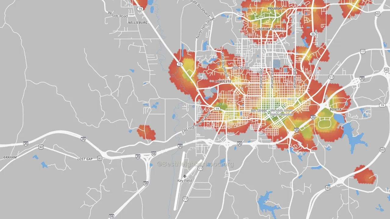 Walk Grade map of 39307, MS, walkable areas in green and car-dependent areas in red