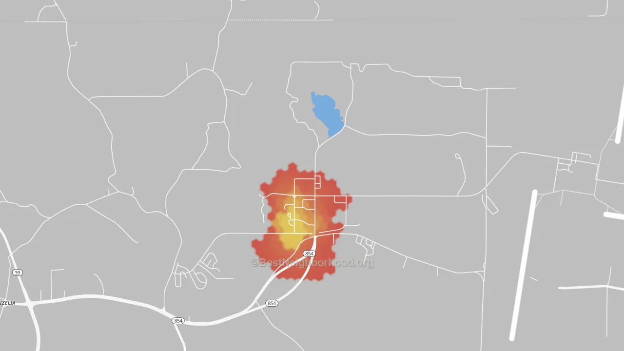 Walk Grade map of 39309, MS, walkable areas in green and car-dependent areas in red