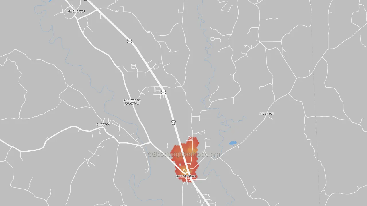 Walk Grade map of 39322, MS, walkable areas in green and car-dependent areas in red
