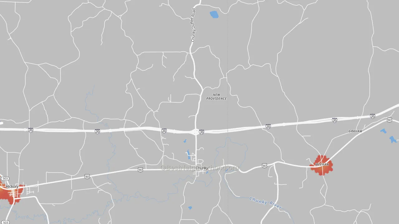 Walk Grade map of 39323, MS, walkable areas in green and car-dependent areas in red