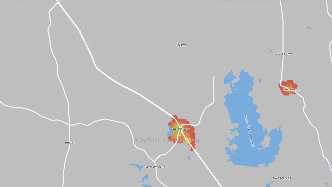 Walk Grade map of 39325, MS, walkable areas in green and car-dependent areas in red