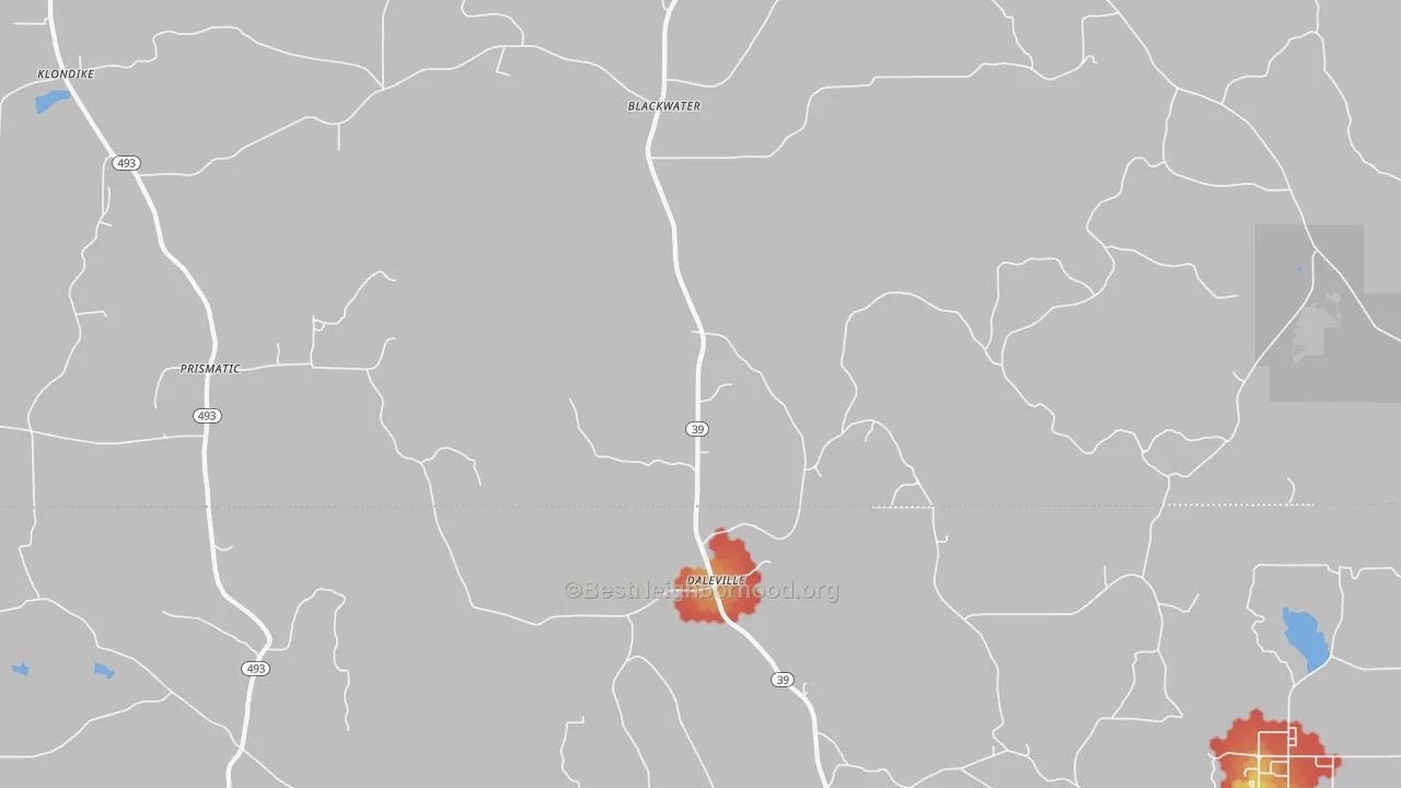 Walk Grade map of 39326, MS, walkable areas in green and car-dependent areas in red