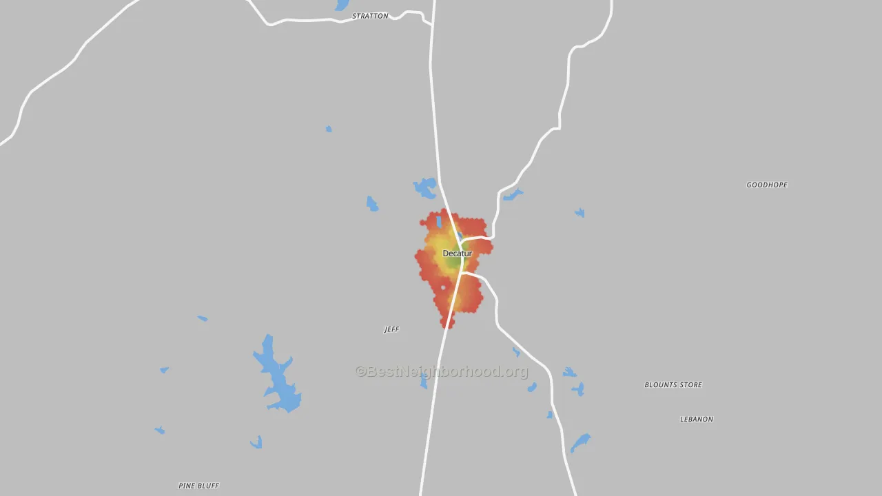 Walk Grade map of 39327, MS, walkable areas in green and car-dependent areas in red