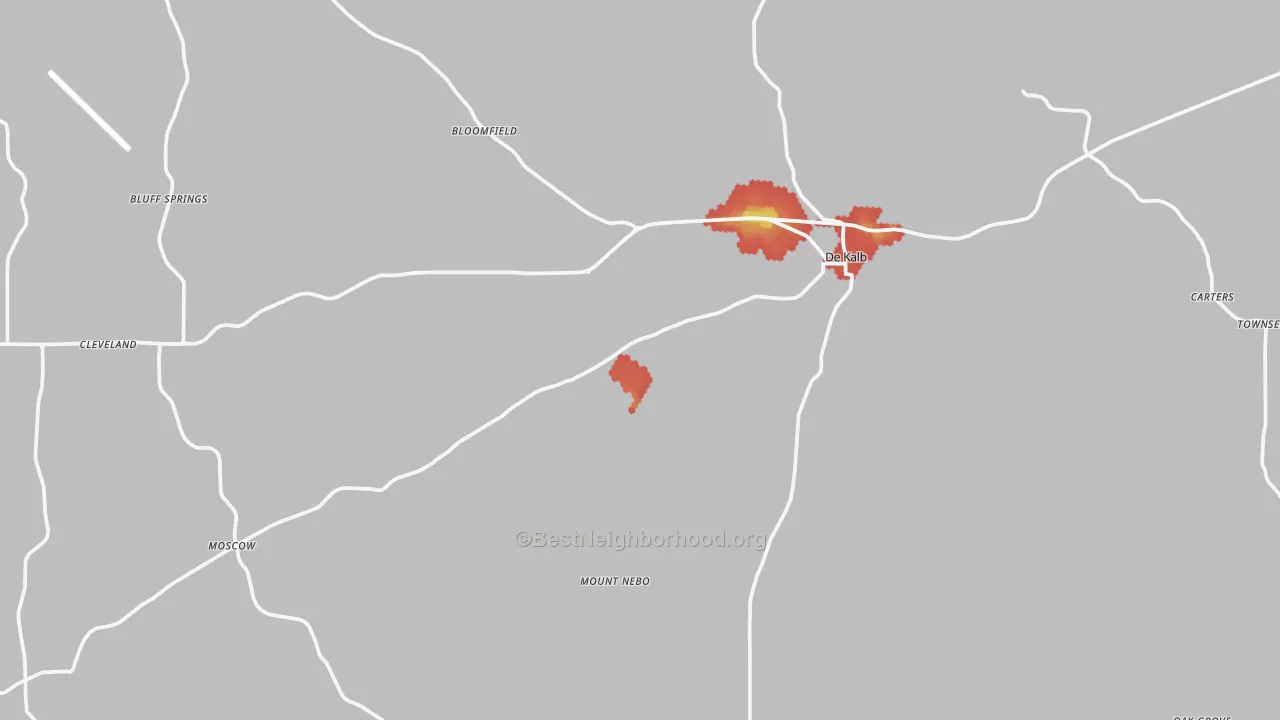 Walk Grade map of 39328, MS, walkable areas in green and car-dependent areas in red