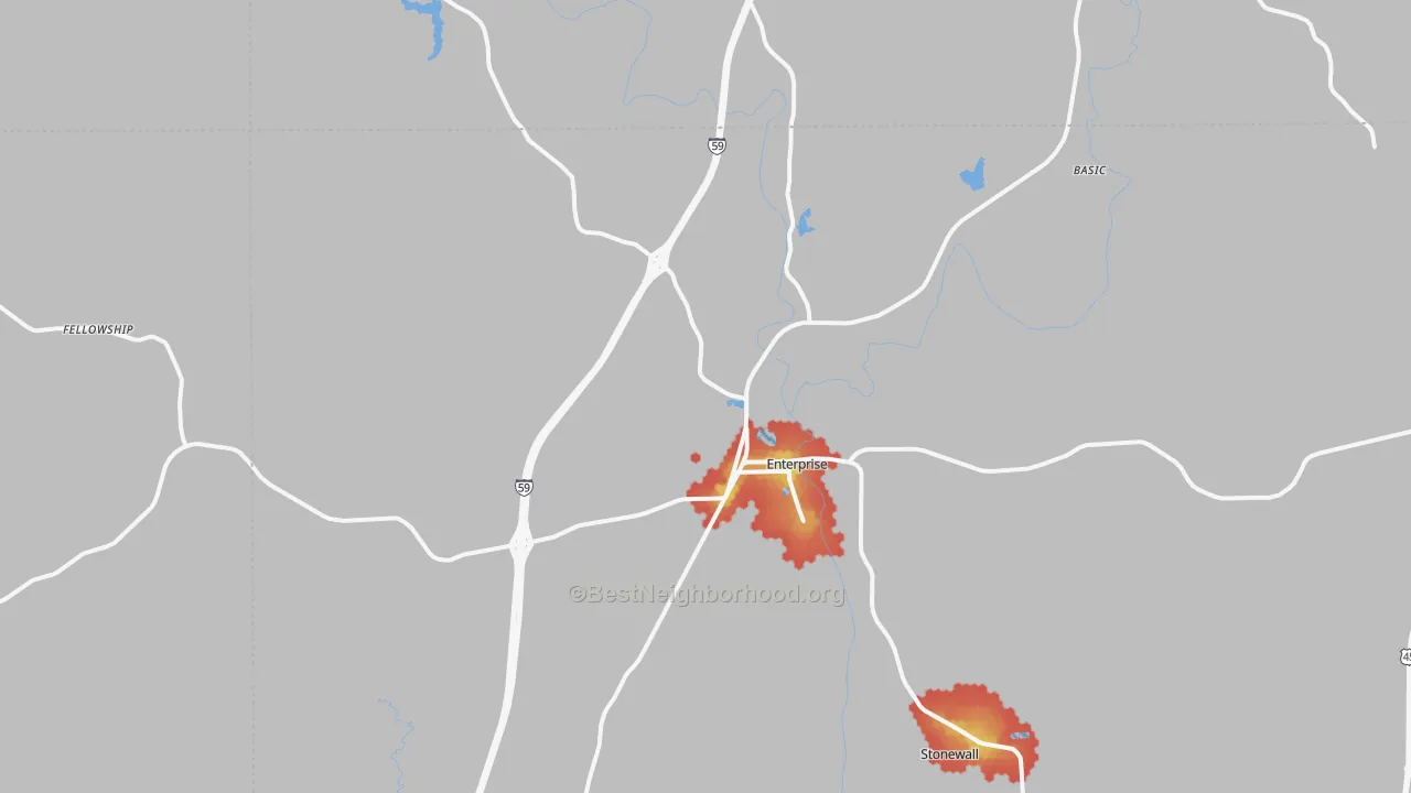 Walk Grade map of 39330, MS, walkable areas in green and car-dependent areas in red
