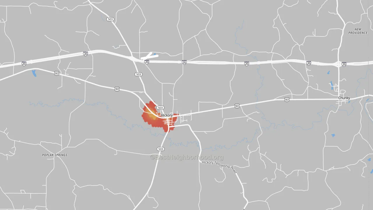 Walk Grade map of 39332, MS, walkable areas in green and car-dependent areas in red
