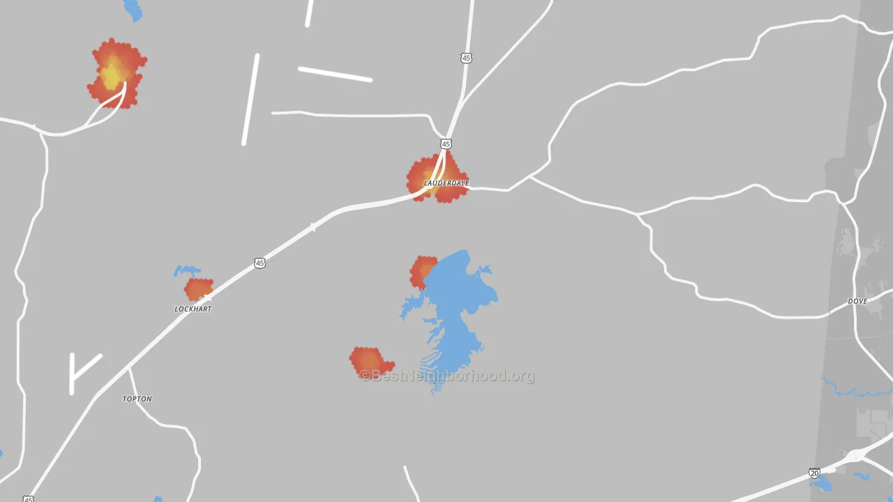 Walk Grade map of 39335, MS, walkable areas in green and car-dependent areas in red