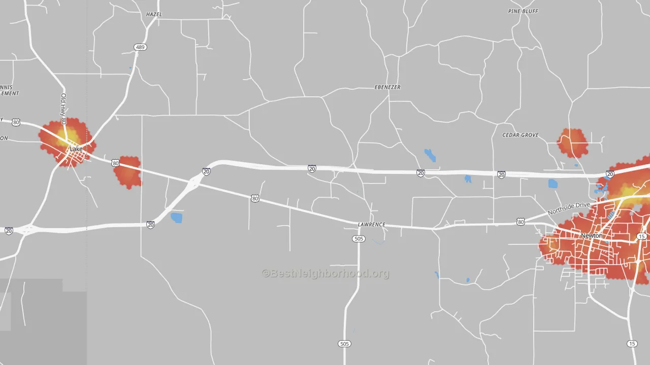 Walk Grade map of 39336, MS, walkable areas in green and car-dependent areas in red